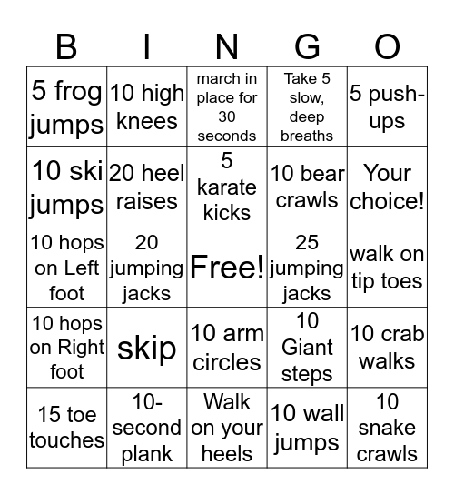 Gross motor Spring-o Bing-o! Bingo Card