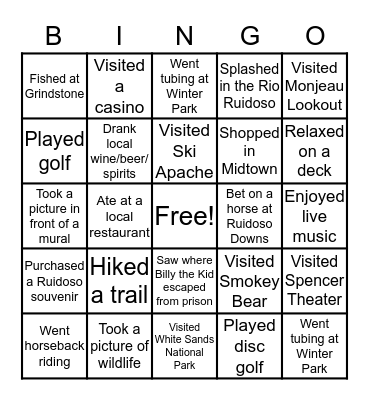 Ruidoso, New Mexico Challenge Bingo Card