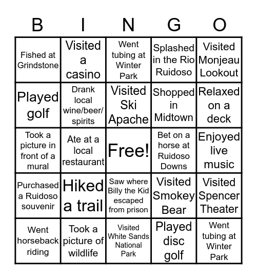 Ruidoso, New Mexico Challenge Bingo Card