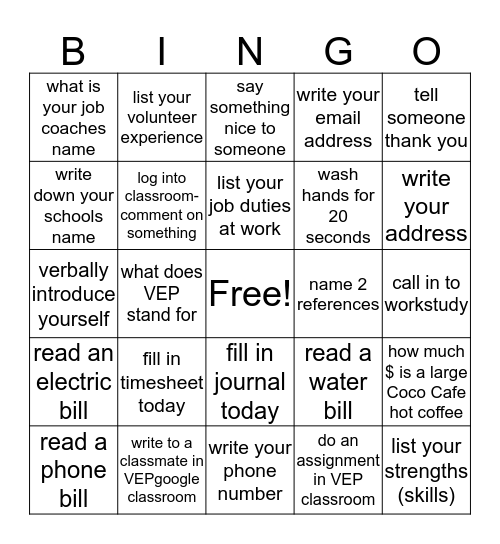 VEP - practice Bingo Card