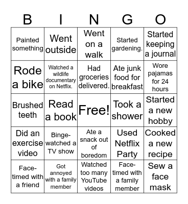 Quarantine Bingo Card