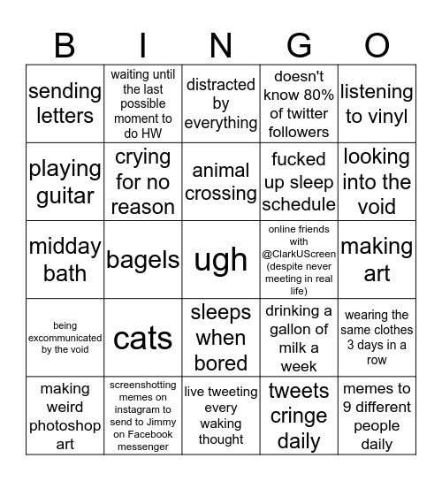 AJ's Quarantine Life Bingo Card