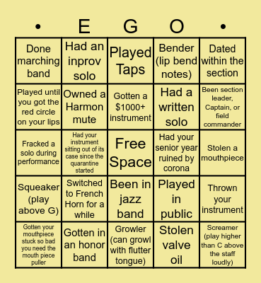 Trumpet Bingo Card