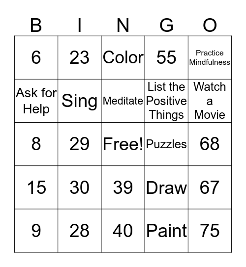 Coping Skills Bingo Card