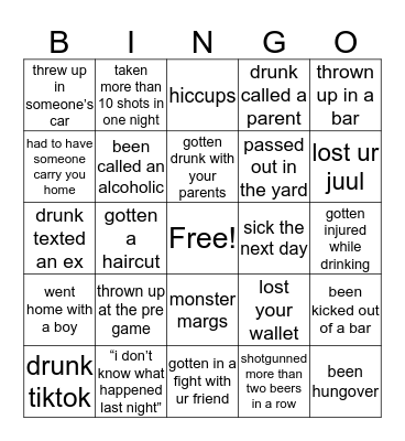 drunk bingo Card