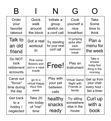 Working Remote Self Care Bingo Card