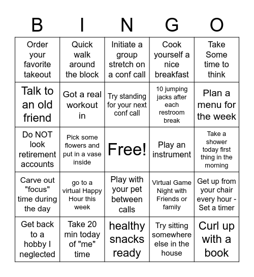 Working Remote Self Care Bingo Card
