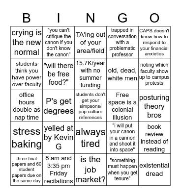 UNC Grad Student Bingo Card