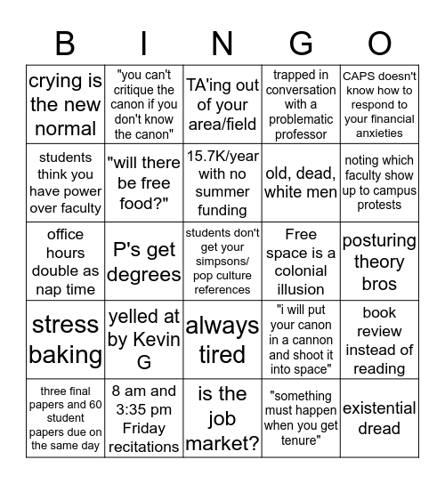 UNC Grad Student Bingo Card