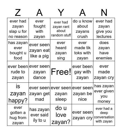 Zayan Bingo Card