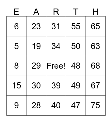 EARTH BINGO Card