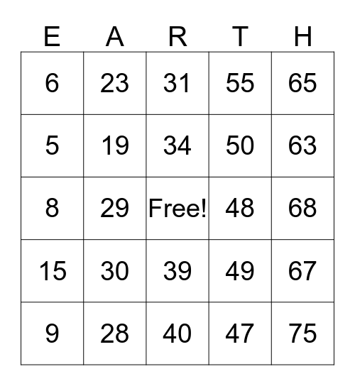 EARTH BINGO Card