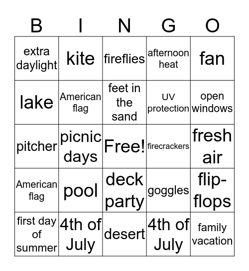 Summer Lovin' Bingo Card