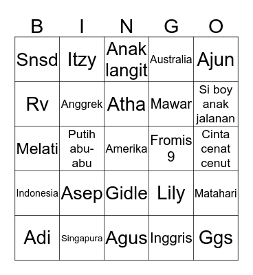 Adin. Bingo Card