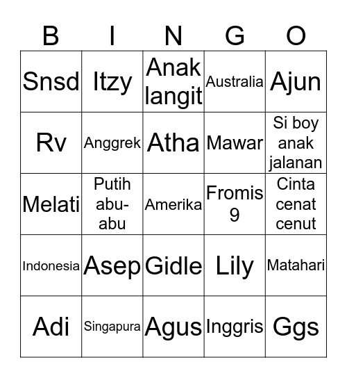 Adin. Bingo Card