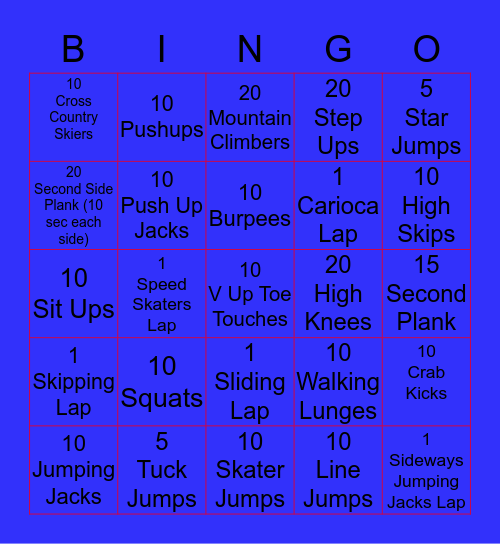 Fitness Bingo Card