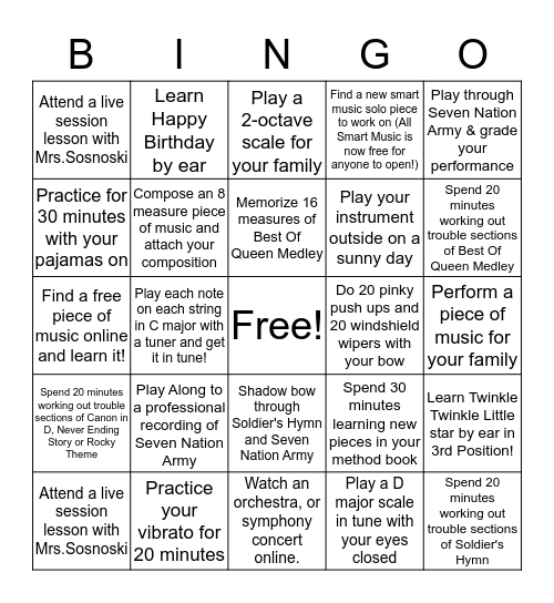 7th-8th Grade STRINGO Bingo Card