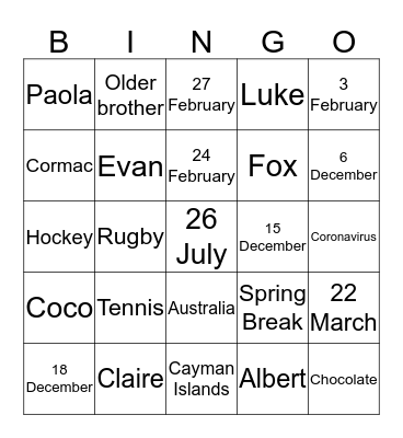 Grade 5 Virtual Spring Break Party Bingo Card