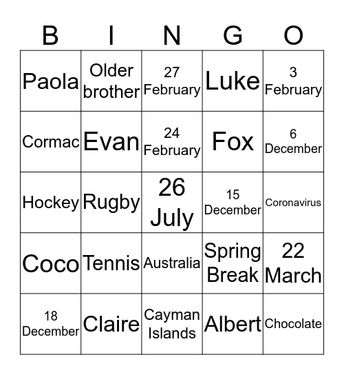 Grade 5 Virtual Spring Break Party Bingo Card