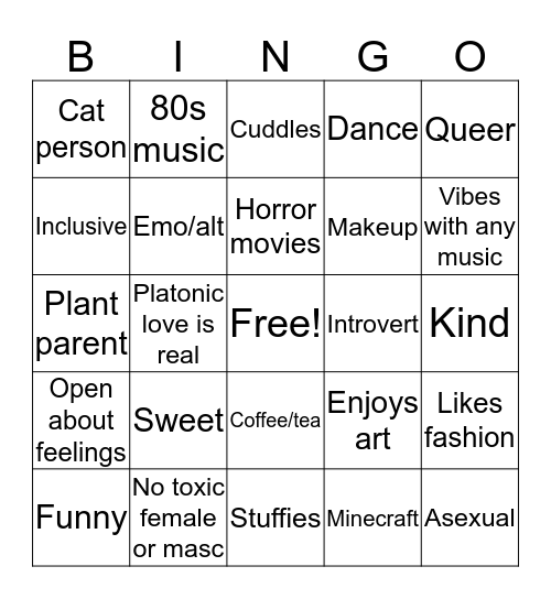 What I like in a person Bingo Card