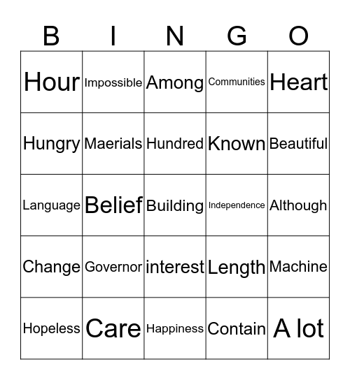 5th Grade Sight Bingo Card