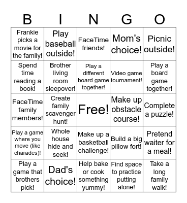 Frankie's Spring Break Bingo Card