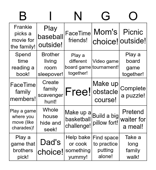 Frankie's Spring Break Bingo Card