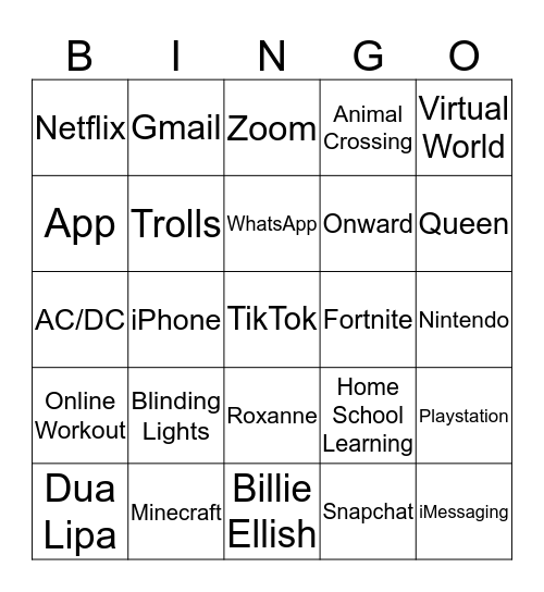 2020 Pop Culture and Virtual World Bingo Card
