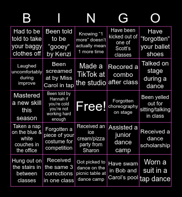 Next Generation Dance Bingo Card