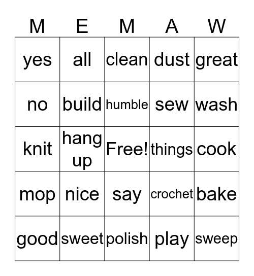 Memaw's Birthday Bingo Card