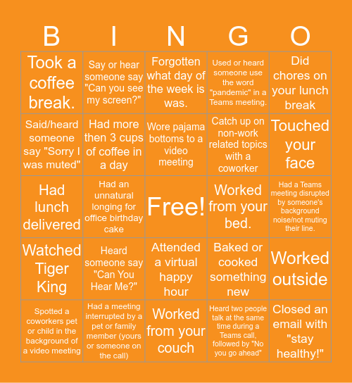 PCS Quarantine Bingo Card