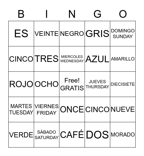 DÍAS DE LA SEMANA Y MÁS Bingo Card