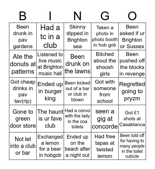 Brighton Bingo Card