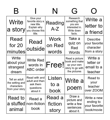 Reading/Language Arts Bingo Card
