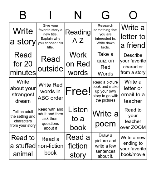 Reading/Language Arts Bingo Card