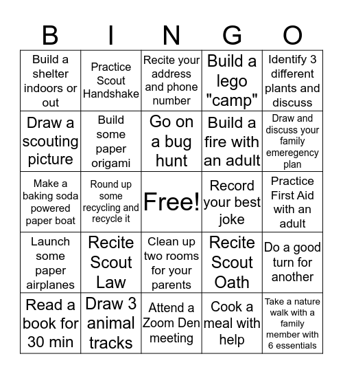 Cub Scout Bingo Card