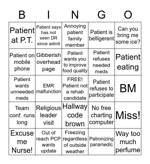 Hospital Bingo Card