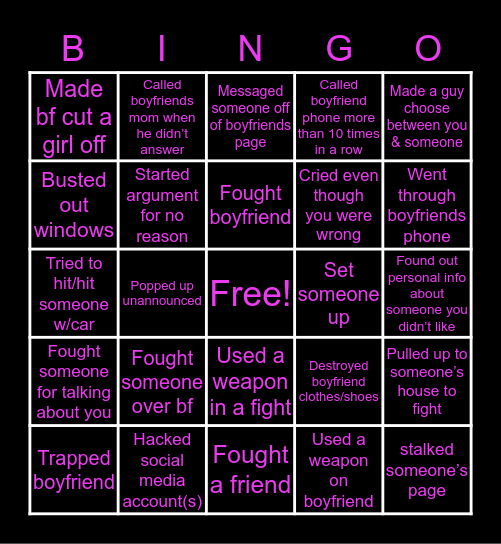 Crazy Female Edition Bingo Card