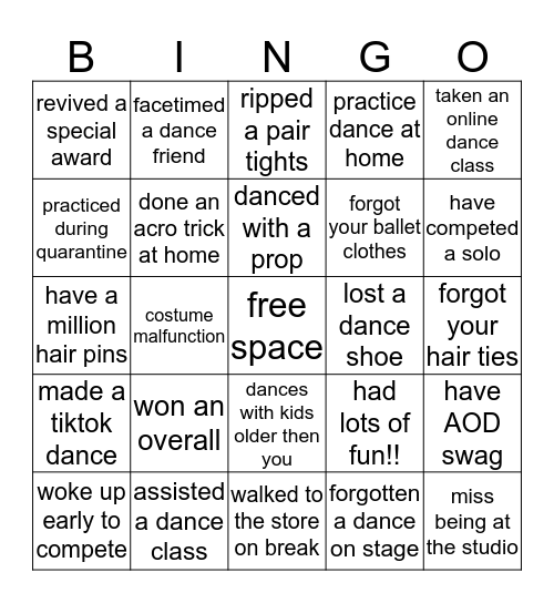 AOD Bingo!! Bingo Card