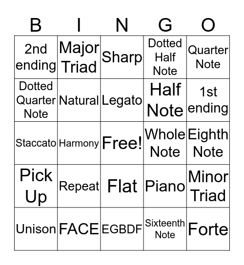 6th Grade Choir Bingo Card