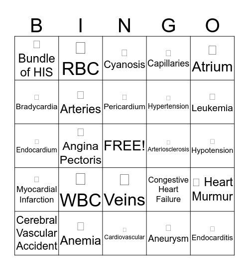 Cardiovascular BINGO Card