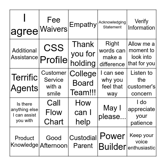 COLLEGE BOARD BINGO Card