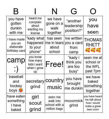 Kady’s Bingo Card