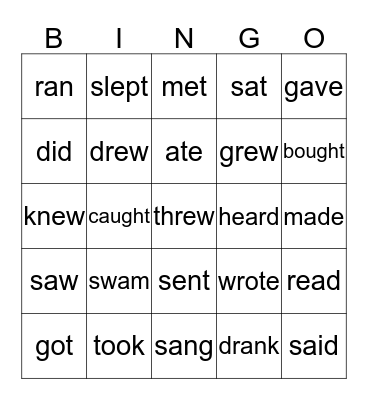 Irregular verbs Bingo Card