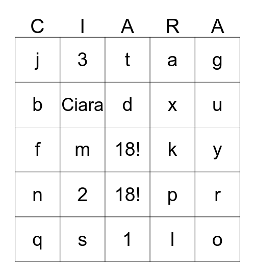 Ciara's 18th Bingo Card