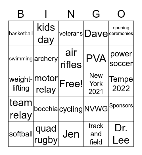 Wheelchair Games Bingo Card