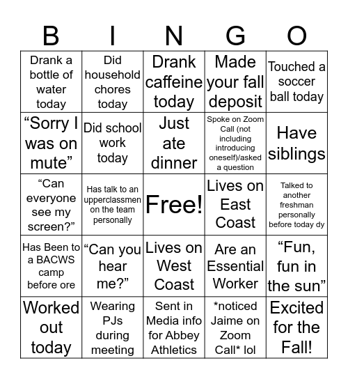 BACWS INCOMING FRESHMEN Bingo Card