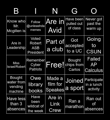 Sun Valley High school Bingo Card