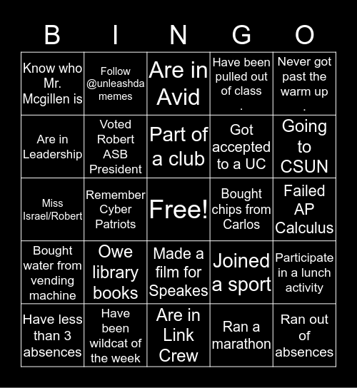 Sun Valley High school Bingo Card