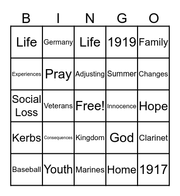 In Our Time "Soldier's Home" Bingo Card